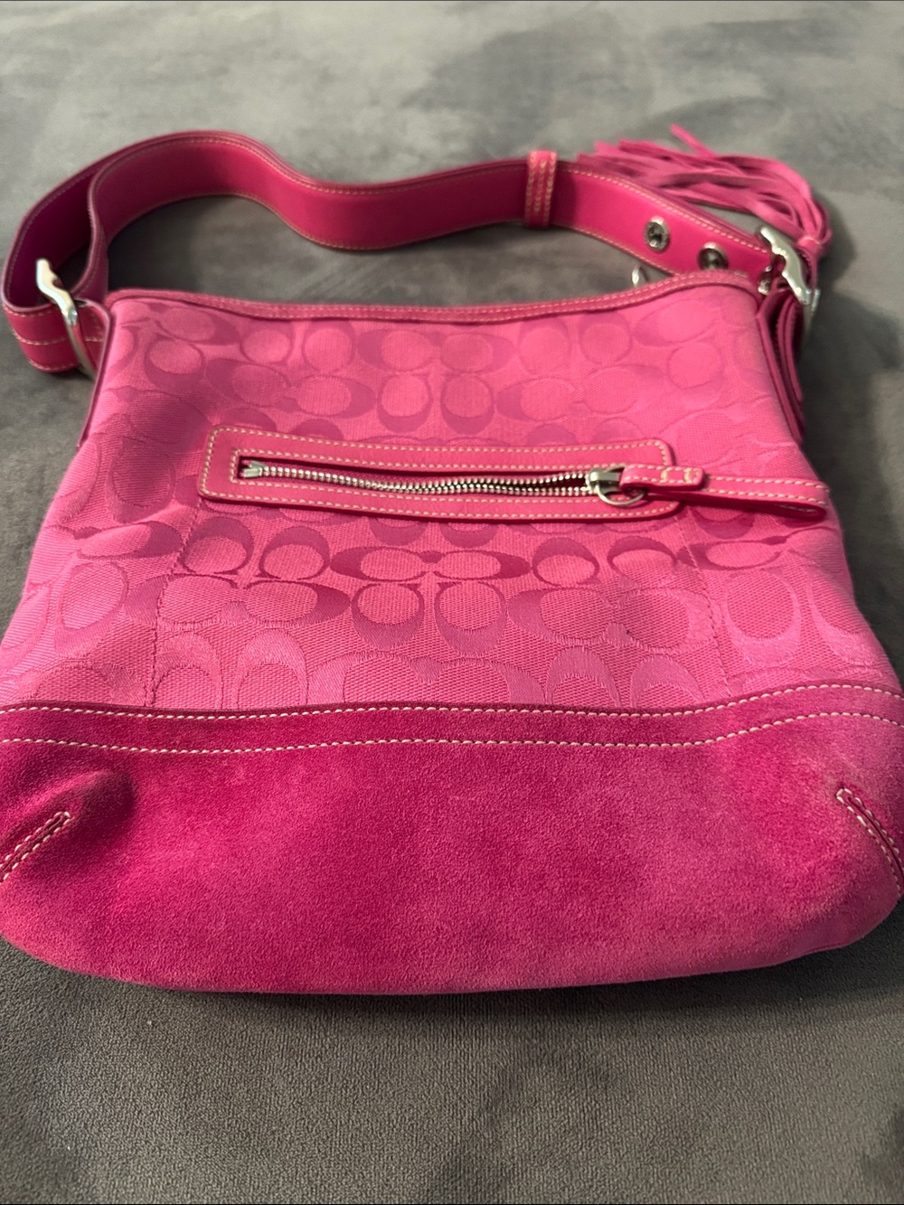 Coach Hot Pink Signature Canvas Shoulder Bag with Tassel Charm - Picture 4 of 8